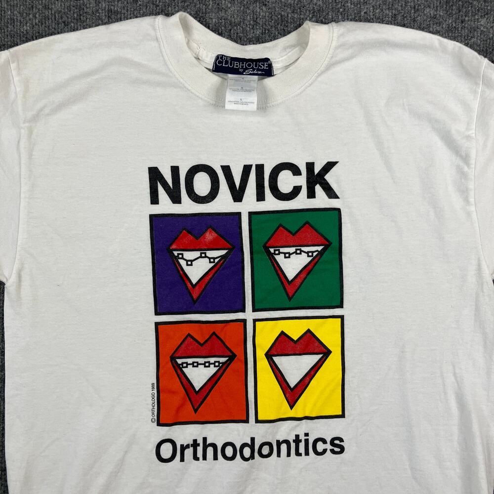 The Clubhouse T-Shirt Mens Size L White Novick Orthodontics 1989 Graphic Vintage